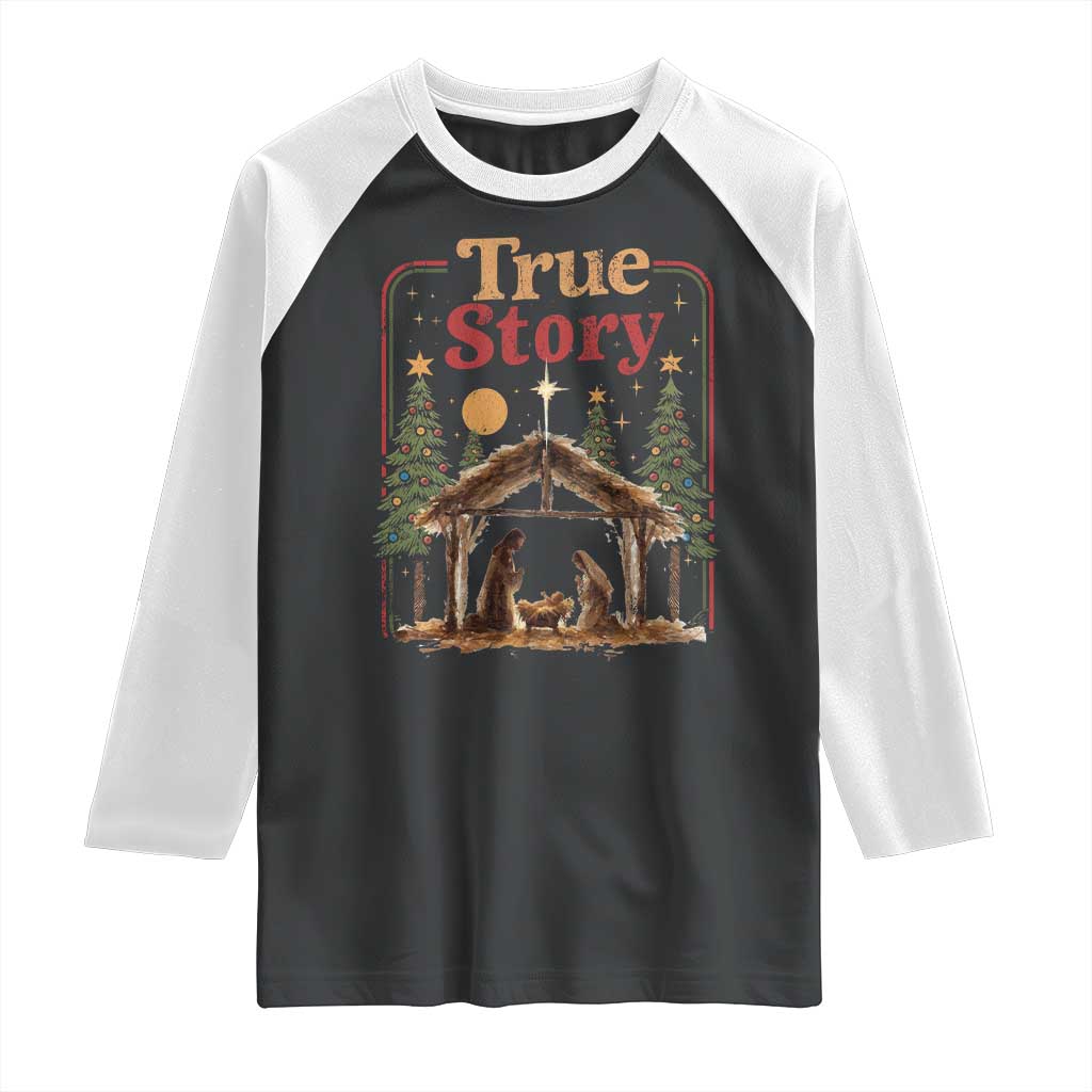 Vintage Nativity Scene Raglan Shirt Christian Christmas True Story Jesus Birth - Wonder Print Shop