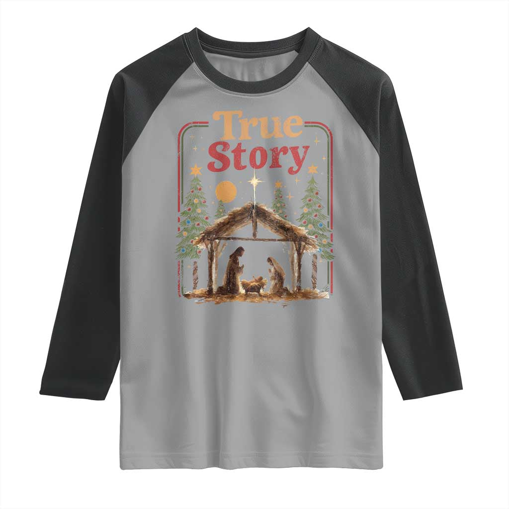 Vintage Nativity Scene Raglan Shirt Christian Christmas True Story Jesus Birth - Wonder Print Shop