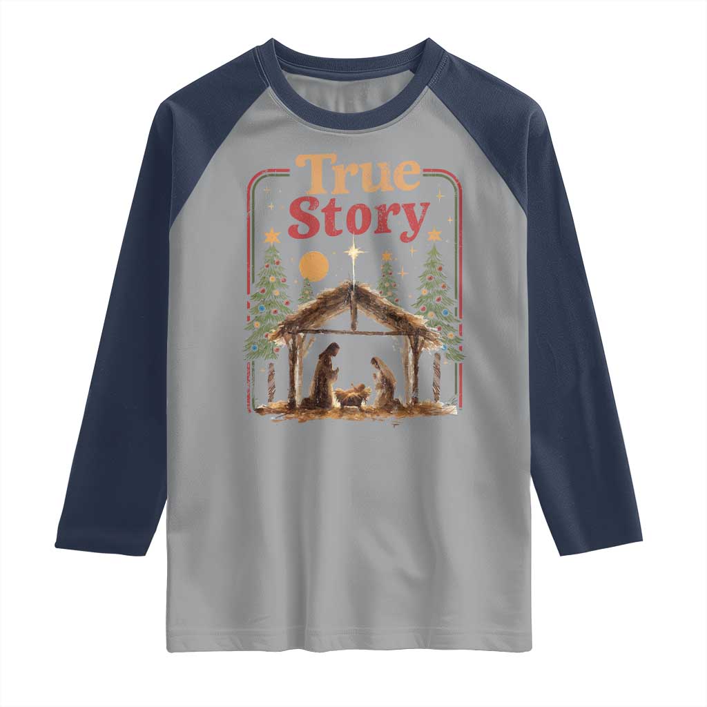 Vintage Nativity Scene Raglan Shirt Christian Christmas True Story Jesus Birth - Wonder Print Shop