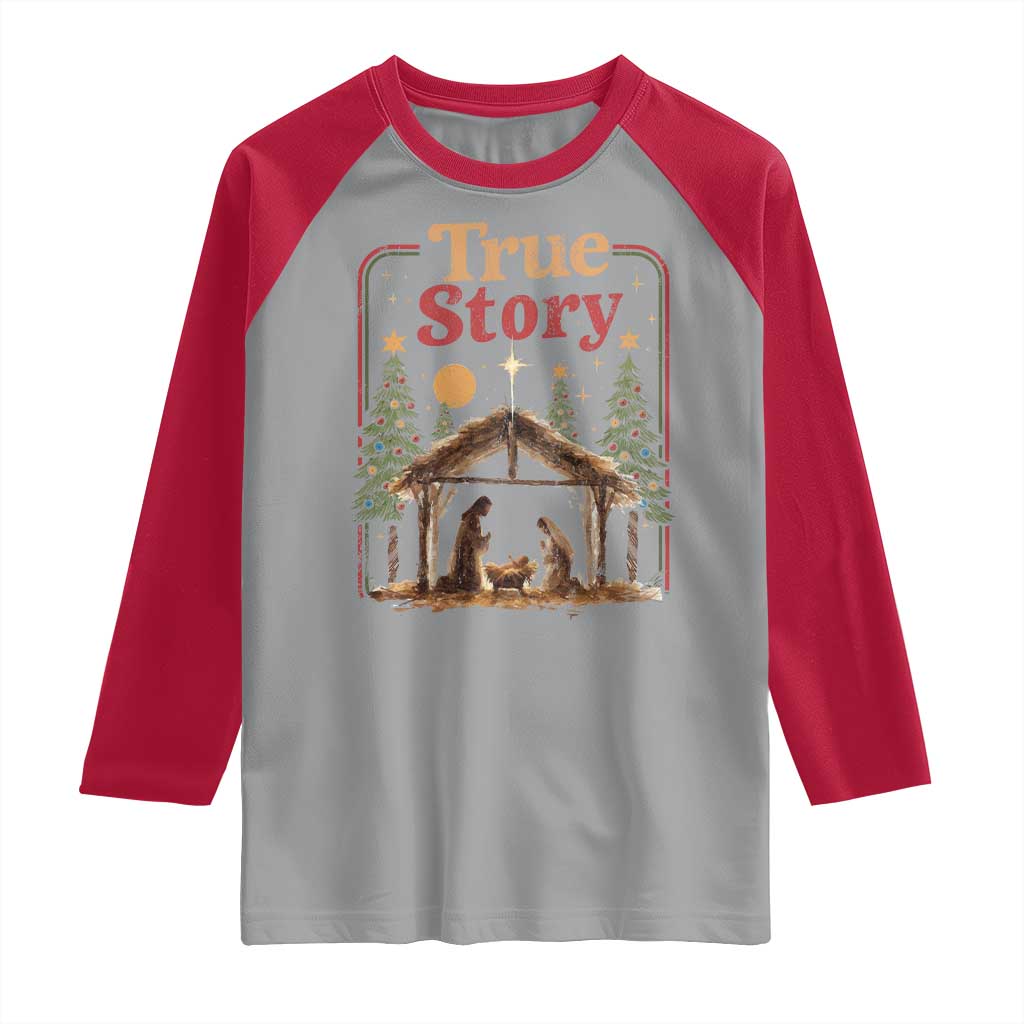 Vintage Nativity Scene Raglan Shirt Christian Christmas True Story Jesus Birth - Wonder Print Shop