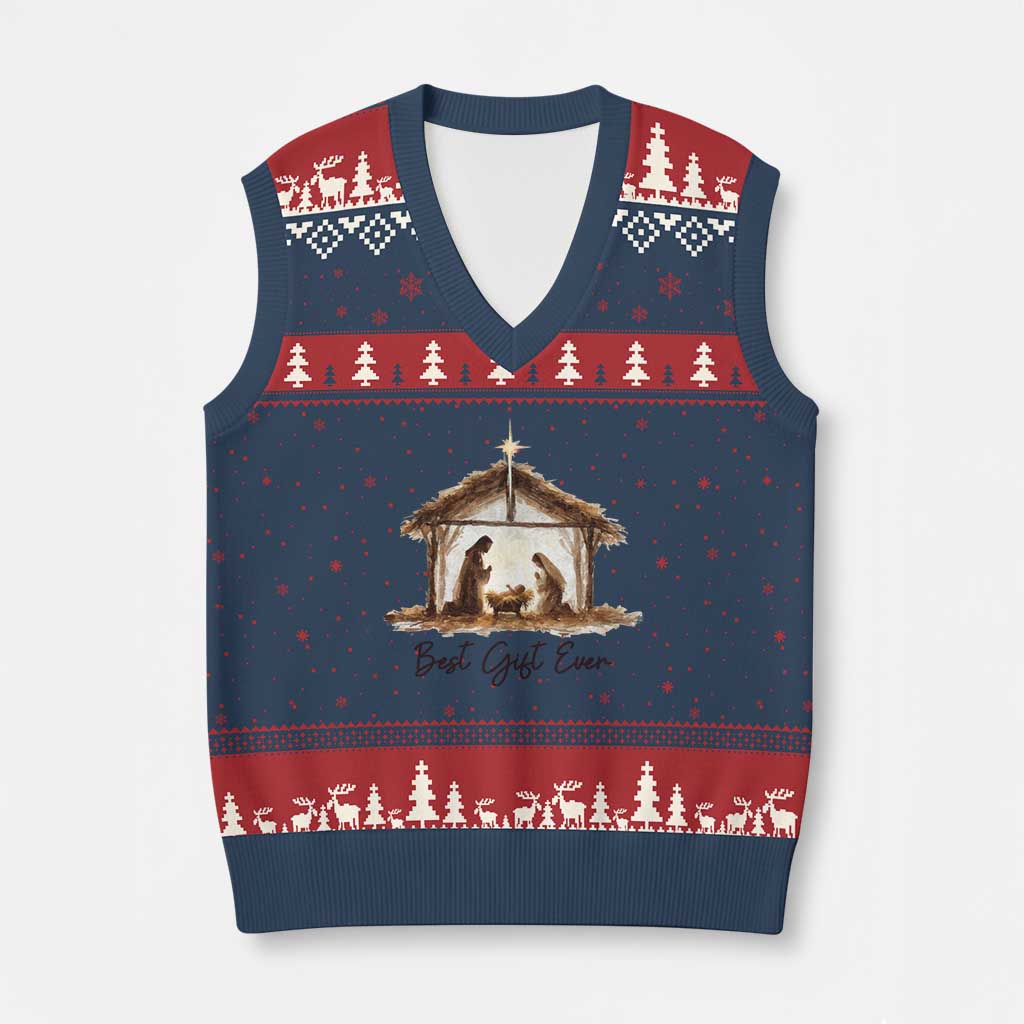 Nativity Scene V-Neck Knit Sweater Vest Christian Xmas Jesus Best Gift Ever - Wonder Print Shop