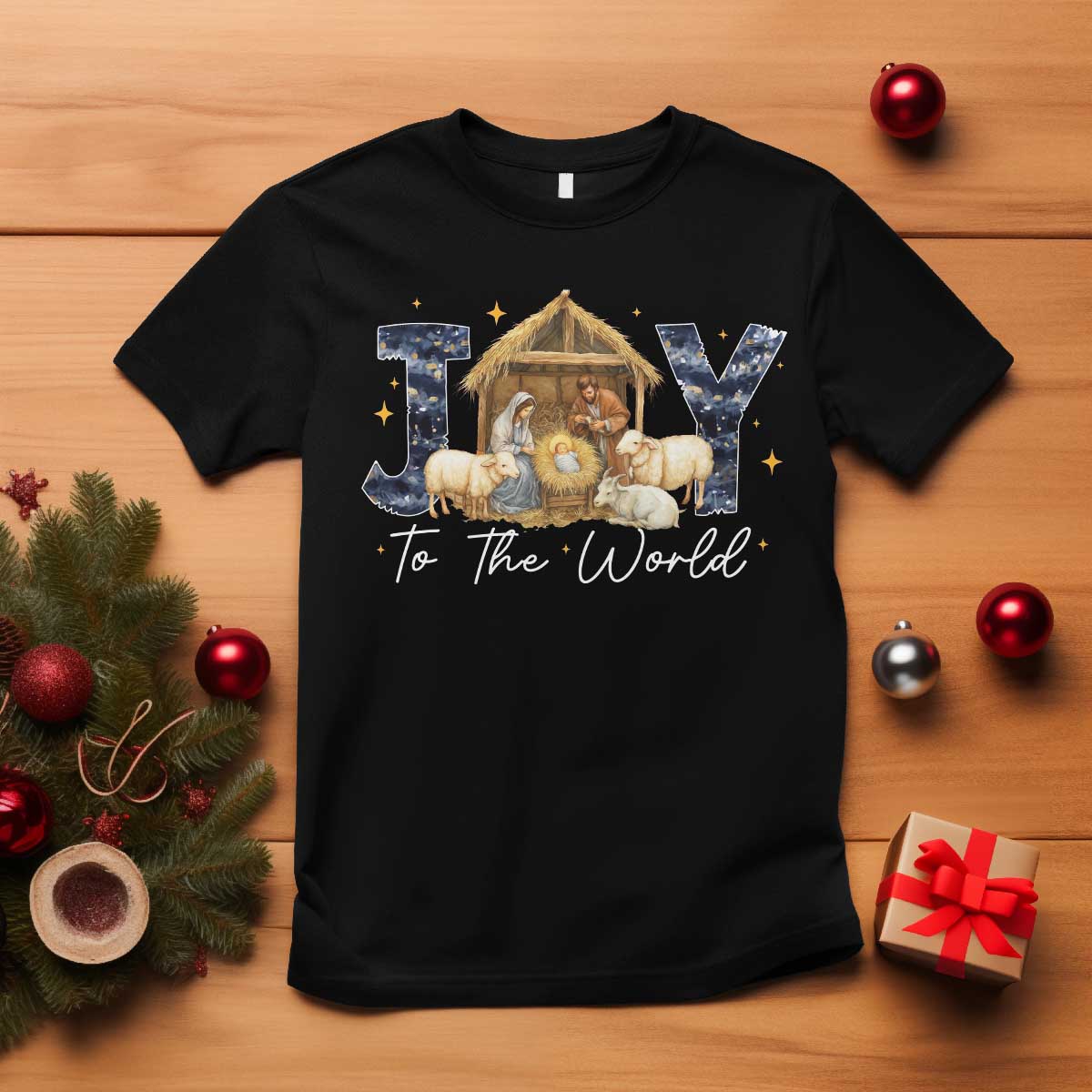 Nativity Scene T Shirt Christian Christmas Jesus Joy To The World - Wonder Print Shop