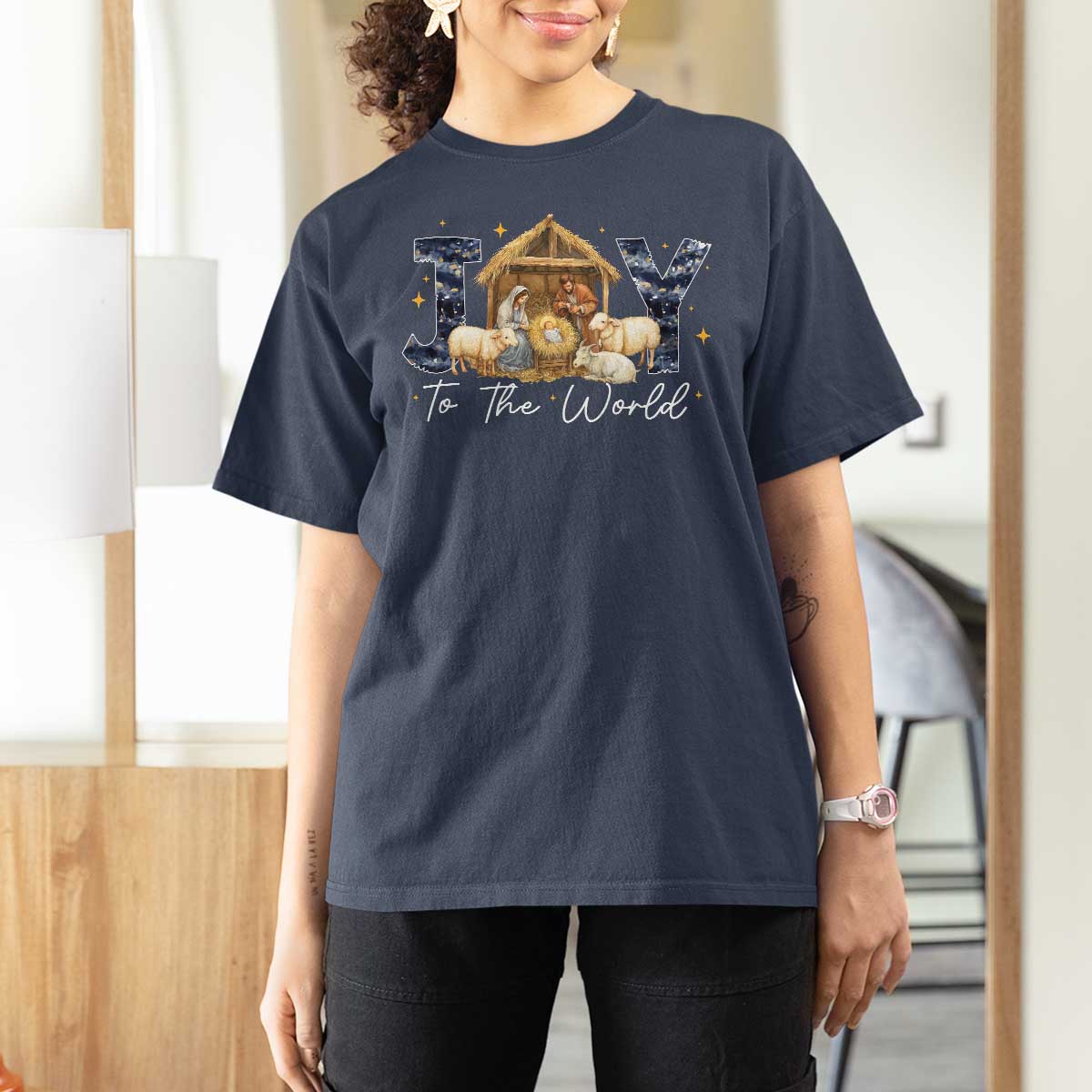 Nativity Scene T Shirt For Women Christian Christmas Jesus Joy To The World - Wonder Print Shop
