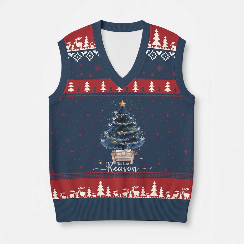 Nativity Scene V-Neck Knit Sweater Vest Jesus Reason Tis The Season Christian Xmas Tree - Wonder Print Shop