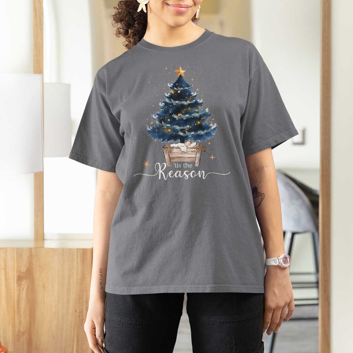 Nativity Scene T Shirt For Women Jesus Reason Tis The Season Christian Christmas Tree - Wonder Print Shop