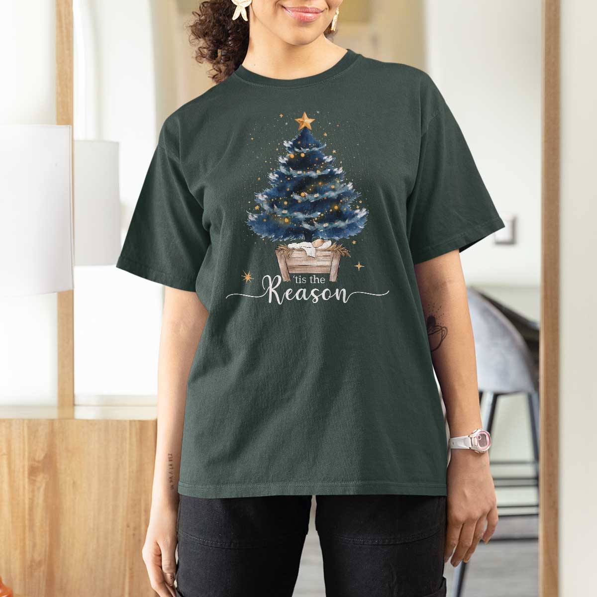 Nativity Scene T Shirt For Women Jesus Reason Tis The Season Christian Christmas Tree - Wonder Print Shop