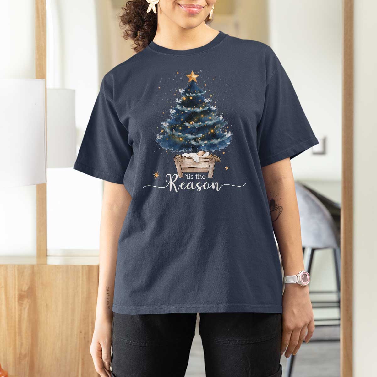 Nativity Scene T Shirt For Women Jesus Reason Tis The Season Christian Christmas Tree - Wonder Print Shop