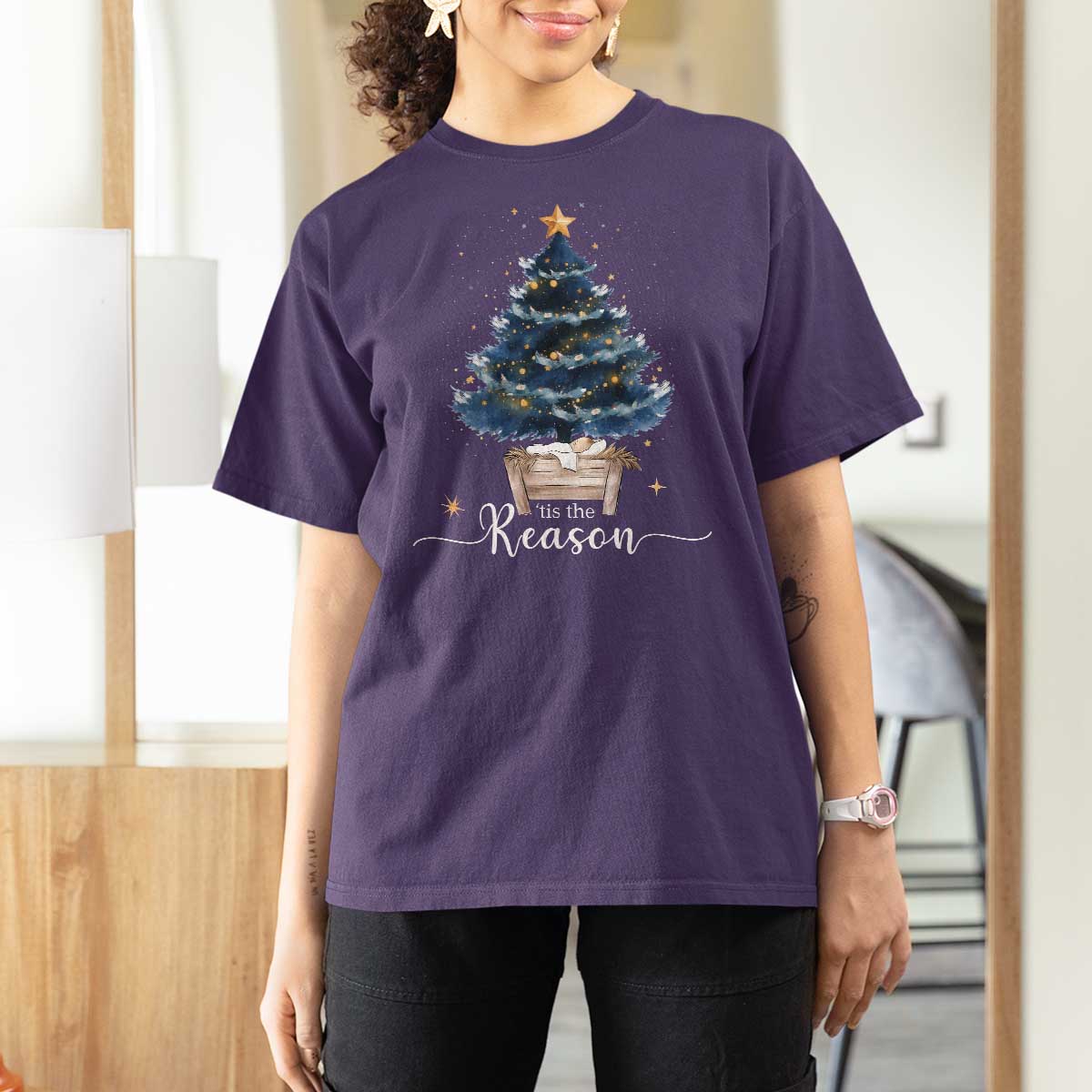 Nativity Scene T Shirt For Women Jesus Reason Tis The Season Christian Christmas Tree - Wonder Print Shop