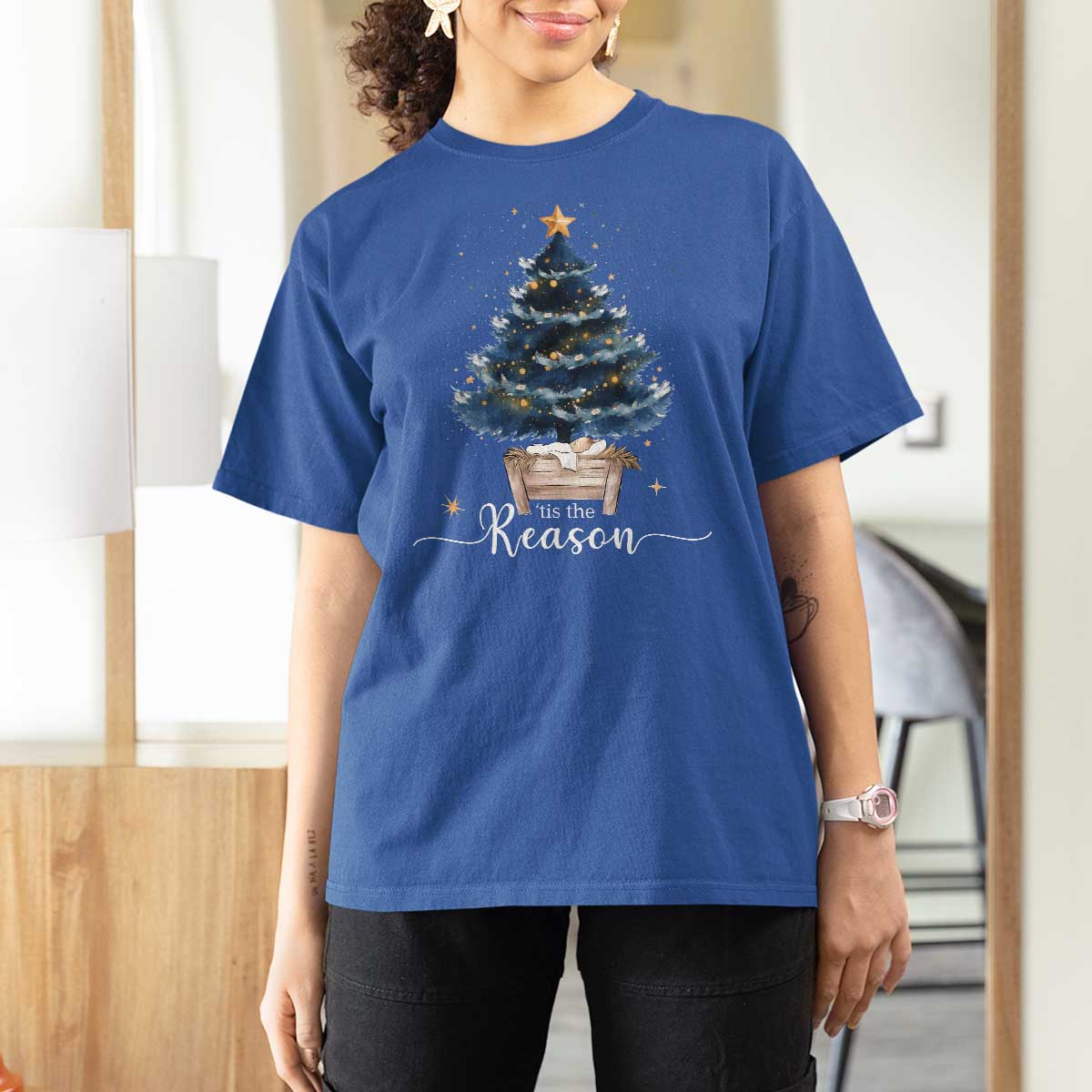 Nativity Scene T Shirt For Women Jesus Reason Tis The Season Christian Christmas Tree - Wonder Print Shop
