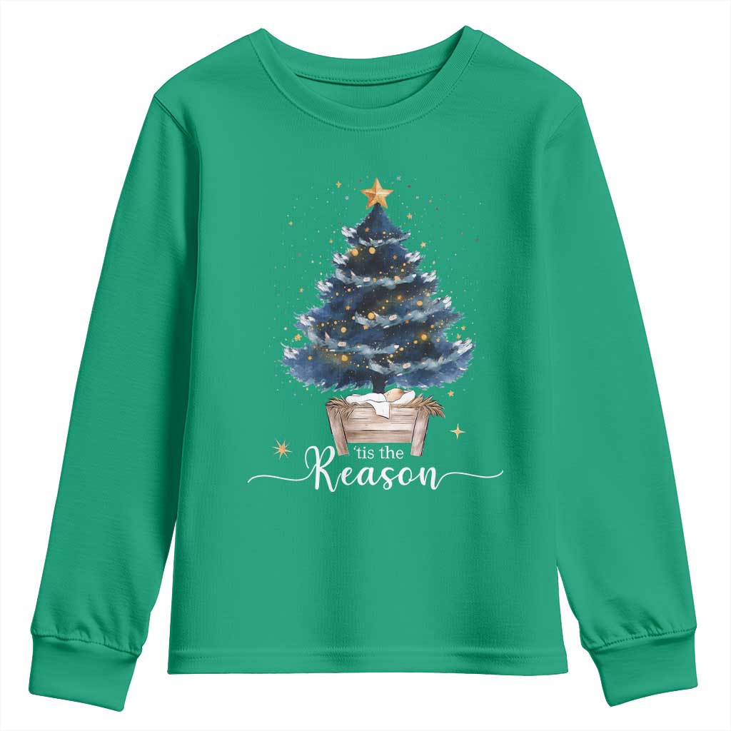 Nativity Scene Youth Sweatshirt Jesus Reason Tis The Season Christian Christmas Tree - Wonder Print Shop