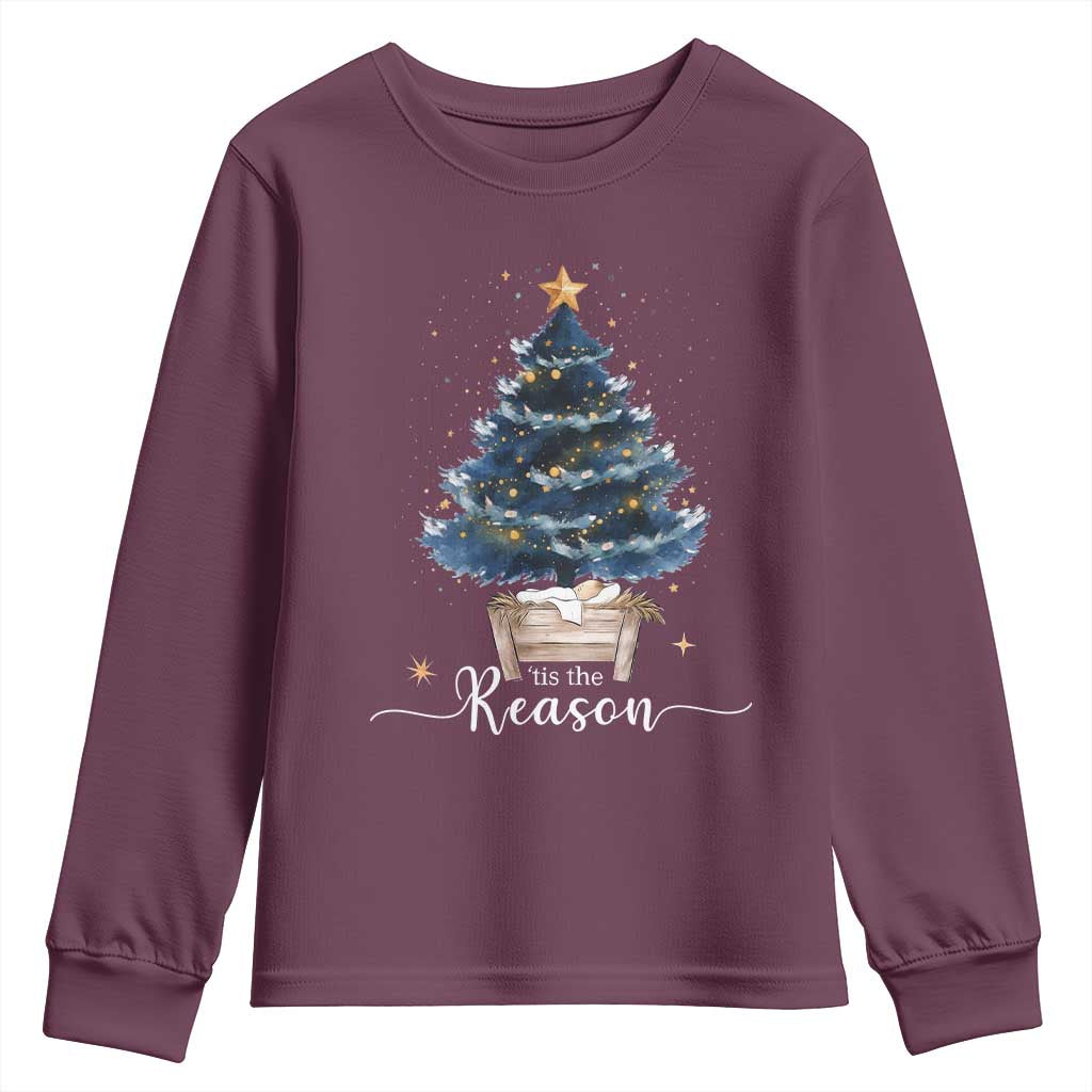 Nativity Scene Youth Sweatshirt Jesus Reason Tis The Season Christian Christmas Tree - Wonder Print Shop