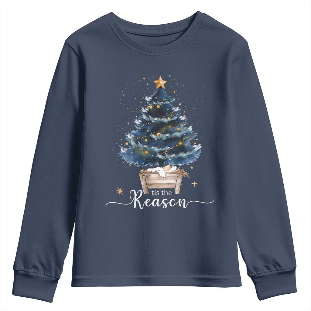Nativity Scene Youth Sweatshirt Jesus Reason Tis The Season Christian Christmas Tree - Wonder Print Shop