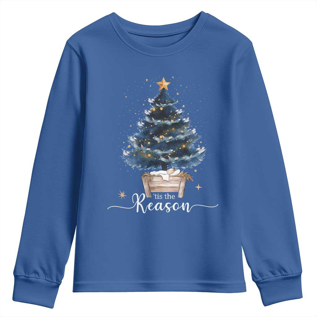 Nativity Scene Youth Sweatshirt Jesus Reason Tis The Season Christian Christmas Tree - Wonder Print Shop