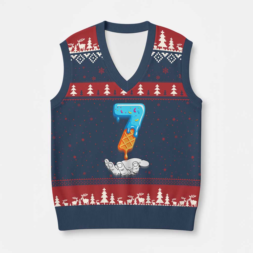 Funny 67 Six Seven Meme Couple Matching V-Neck Knit Sweater Vest Number 7 Baseball Ice Cream Drip - Wonder Print Shop