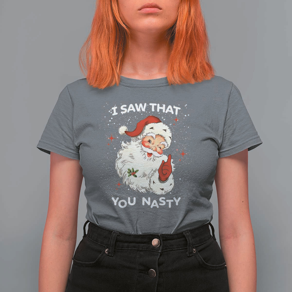 Christmas Santa T Shirt For Women Vintage I Saw That You Naughty - Wonder Print Shop