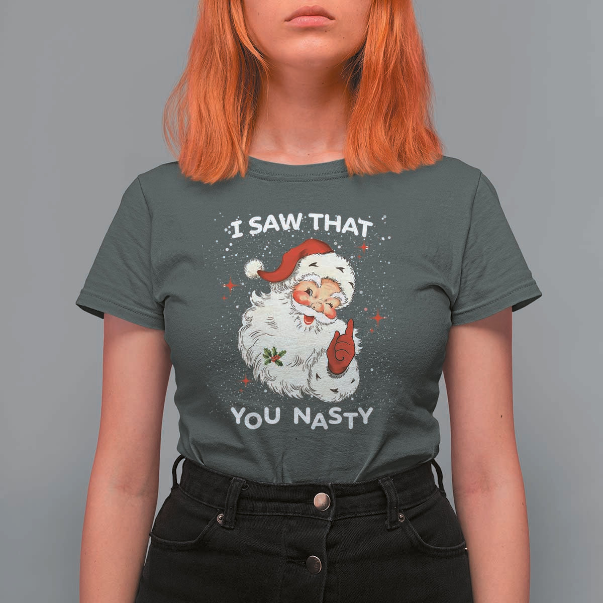 Christmas Santa T Shirt For Women Vintage I Saw That You Naughty - Wonder Print Shop