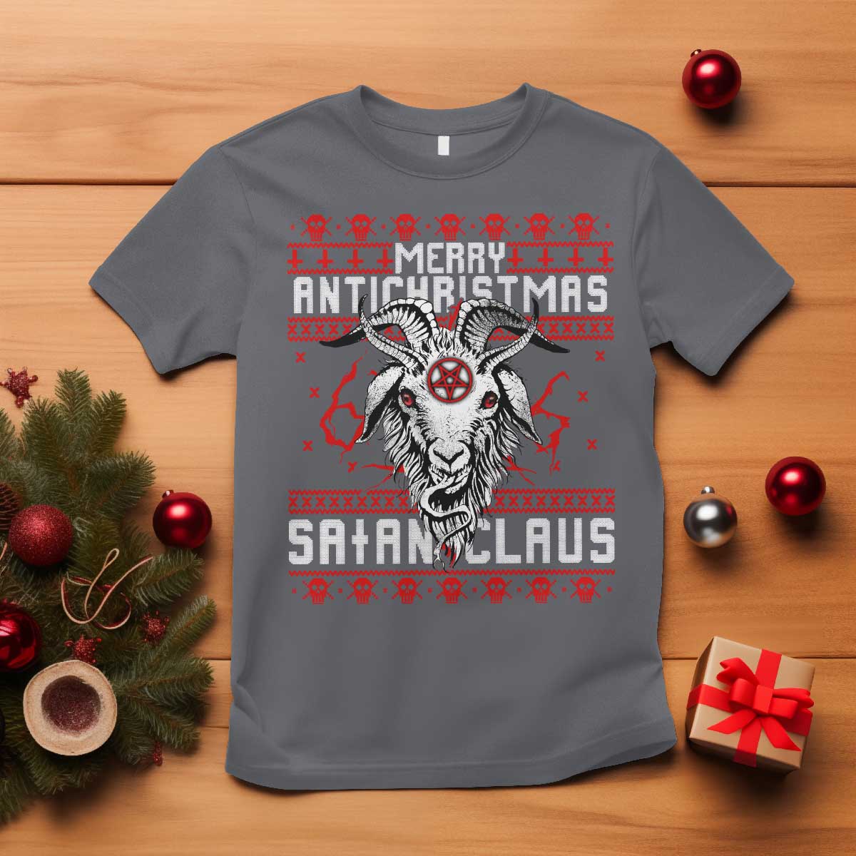 Satan Claus Merry Antichristmas T Shirt Goth Ugly Christmas Sweater Pentagram Evil Pajama - Wonder Print Shop