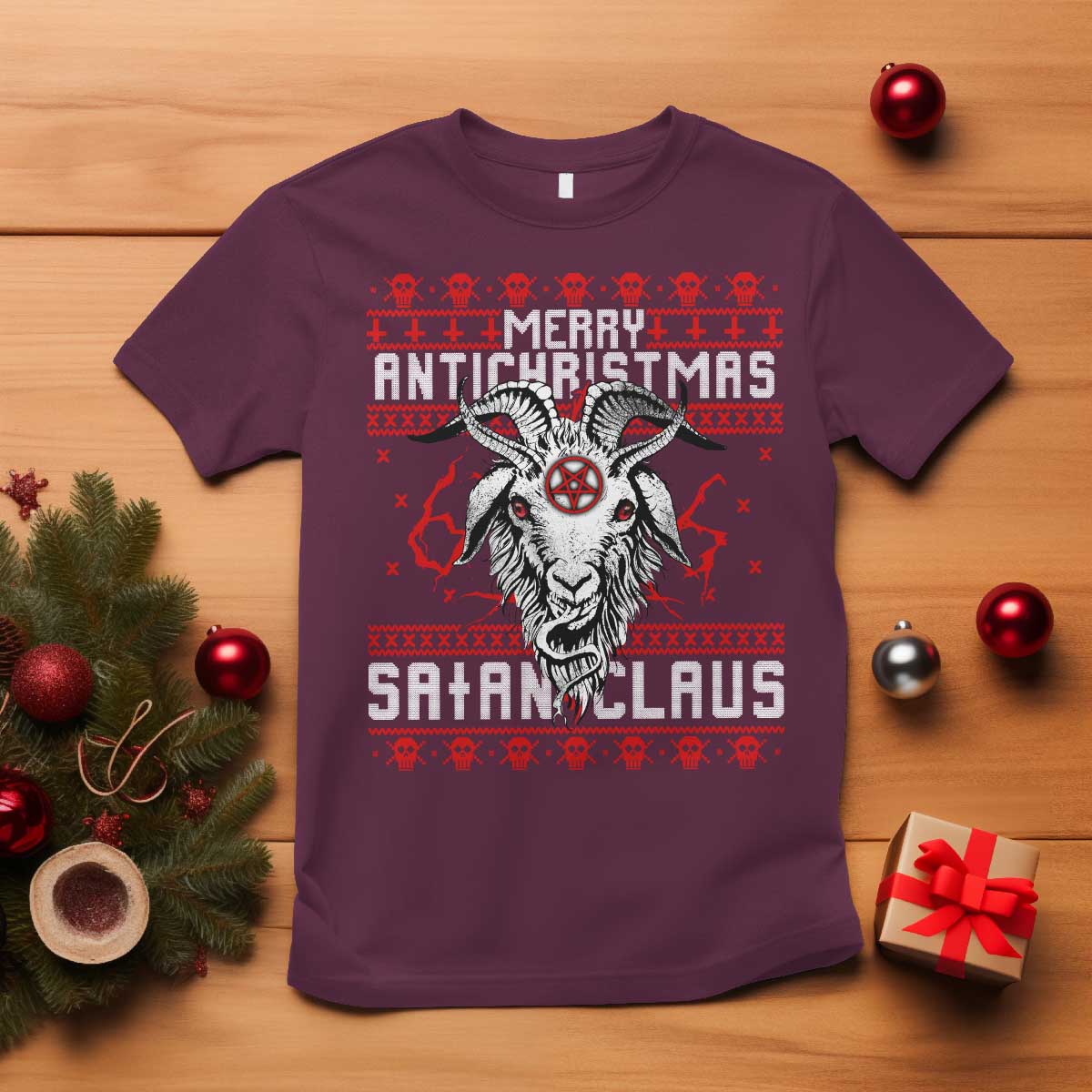 Satan Claus Merry Antichristmas T Shirt Goth Ugly Christmas Sweater Pentagram Evil Pajama - Wonder Print Shop