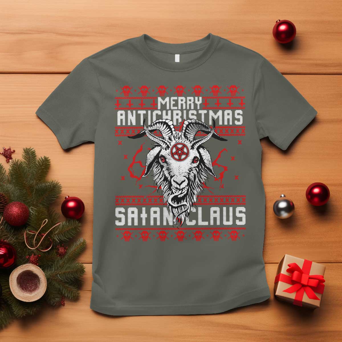 Satan Claus Merry Antichristmas T Shirt Goth Ugly Christmas Sweater Pentagram Evil Pajama - Wonder Print Shop