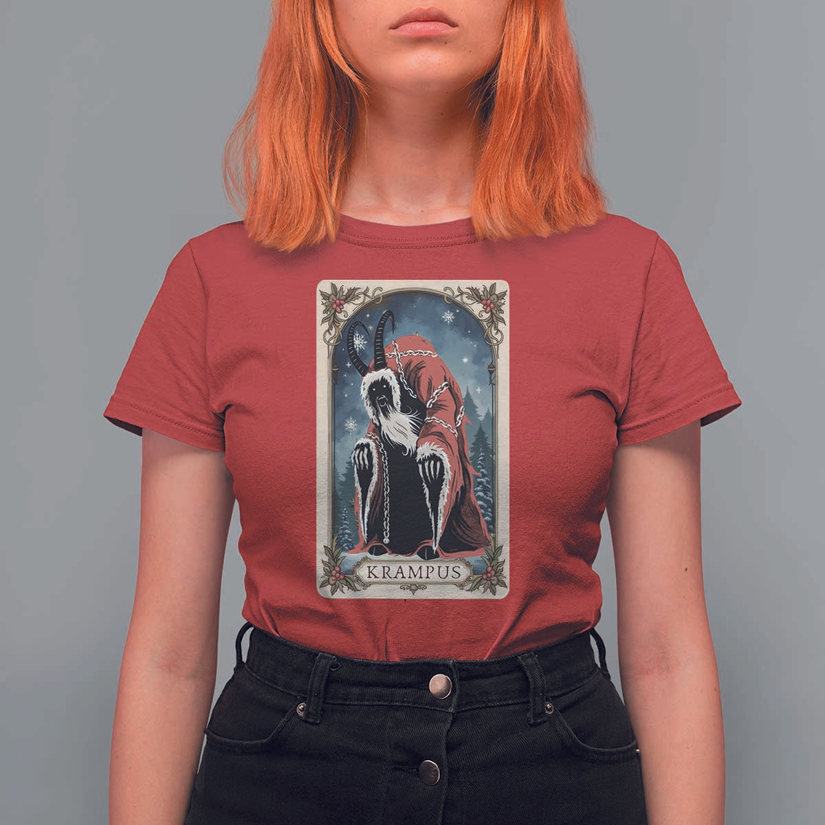 Christmas Krampus T Shirt For Women Tarot Card Xmas Horror Ugly Sweater Evil Pajama - Wonder Print Shop