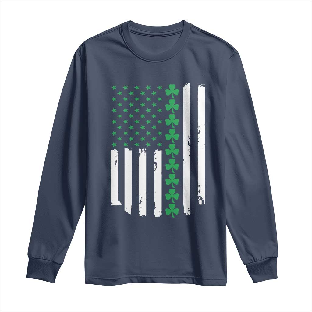 Vintage St. Patricks Day American Flag Shamrocks Long Sleeve Shirt