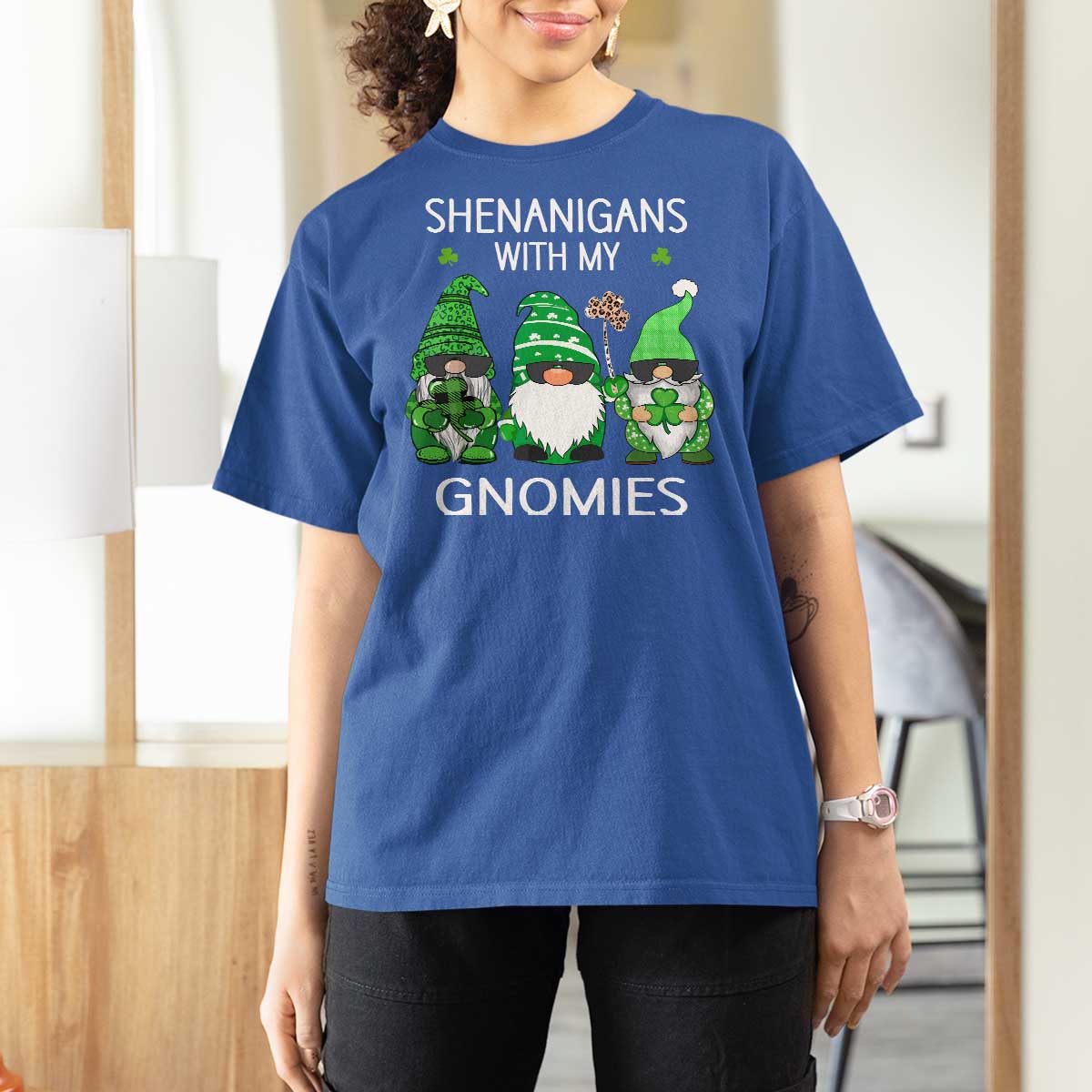 Lucky St Patricks Day Gnomes T Shirt For Women Shamrock Leopard Gnome Irish