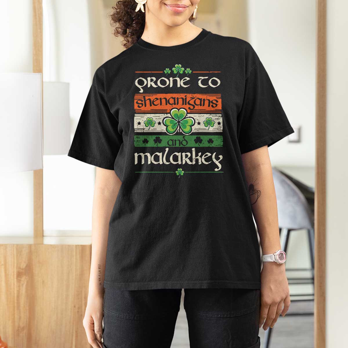 St. Patrick's Day Prone to Shenanigans and Malarkey T Shirt For Women Funny St Patrick's Day Lucky Shamrock Irish