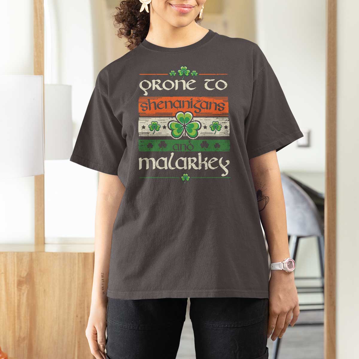 St. Patrick's Day Prone to Shenanigans and Malarkey T Shirt For Women Funny St Patrick's Day Lucky Shamrock Irish