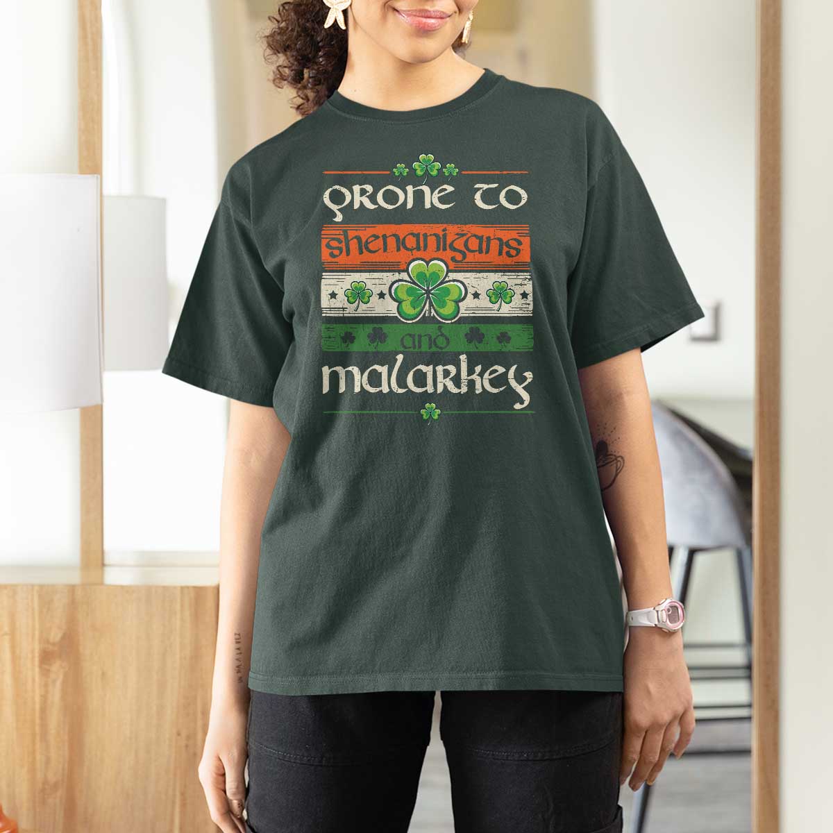 St. Patrick's Day Prone to Shenanigans and Malarkey T Shirt For Women Funny St Patrick's Day Lucky Shamrock Irish