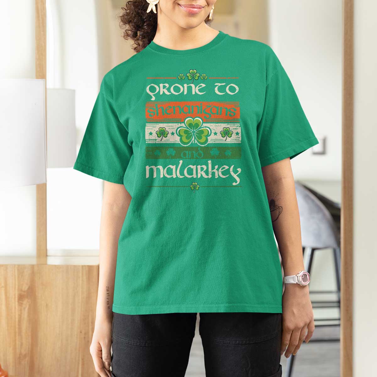 St. Patrick's Day Prone to Shenanigans and Malarkey T Shirt For Women Funny St Patrick's Day Lucky Shamrock Irish