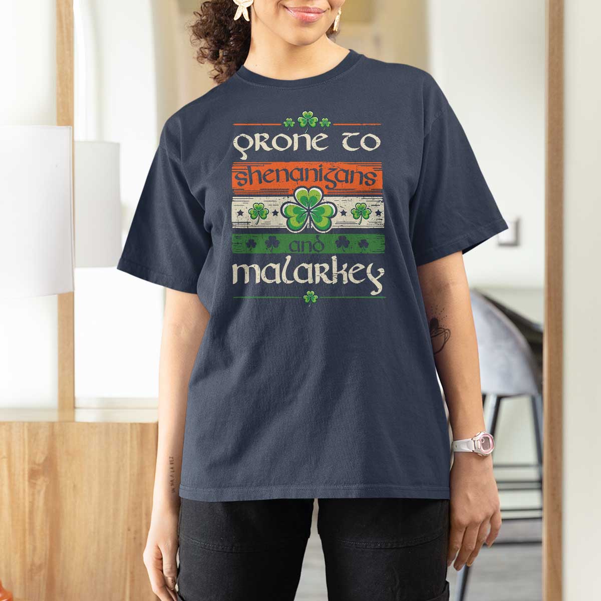St. Patrick's Day Prone to Shenanigans and Malarkey T Shirt For Women Funny St Patrick's Day Lucky Shamrock Irish
