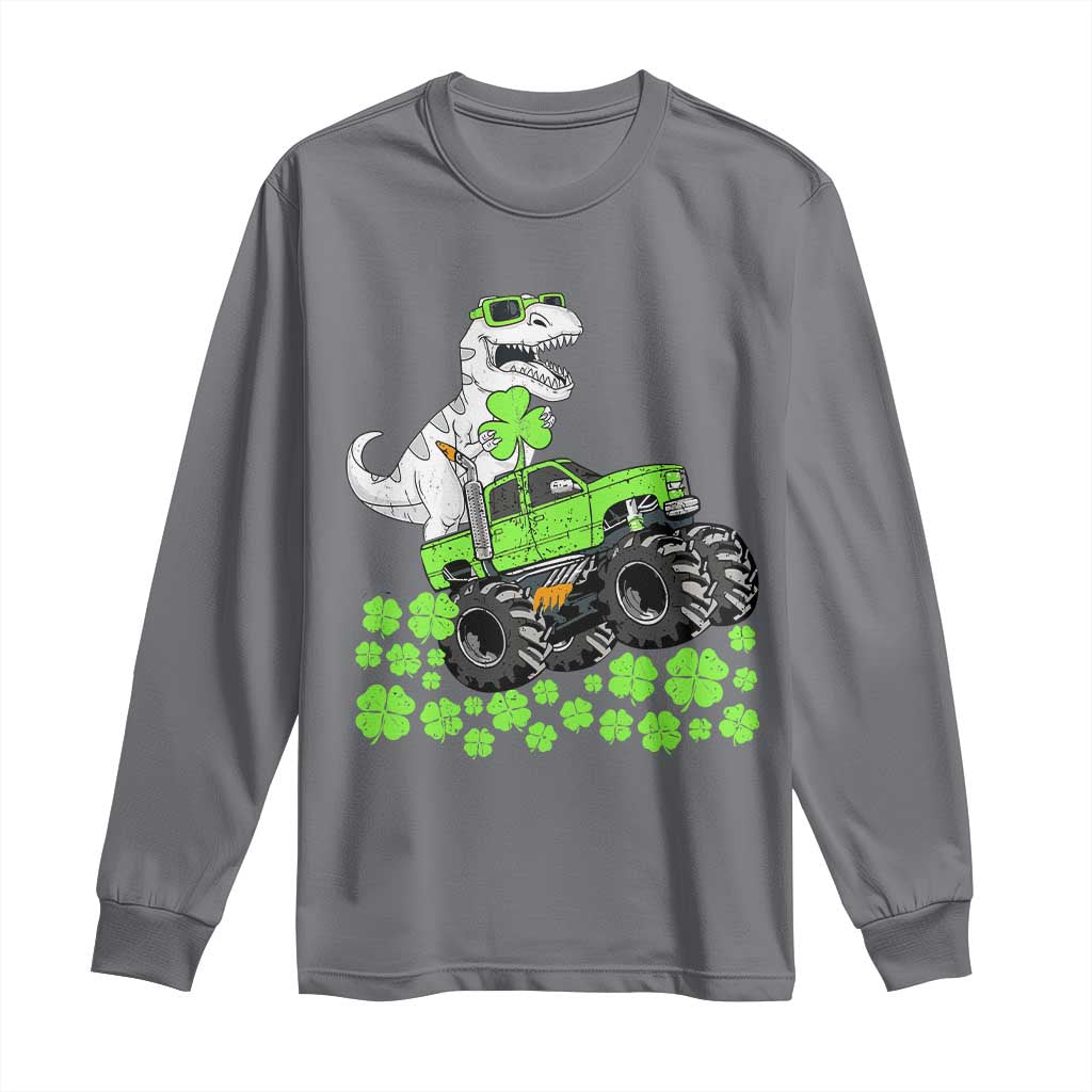 Lucky St Patricks Day Toddler Boys Long Sleeve Shirt T Rex Dino Riding Monster Truck Shamrock