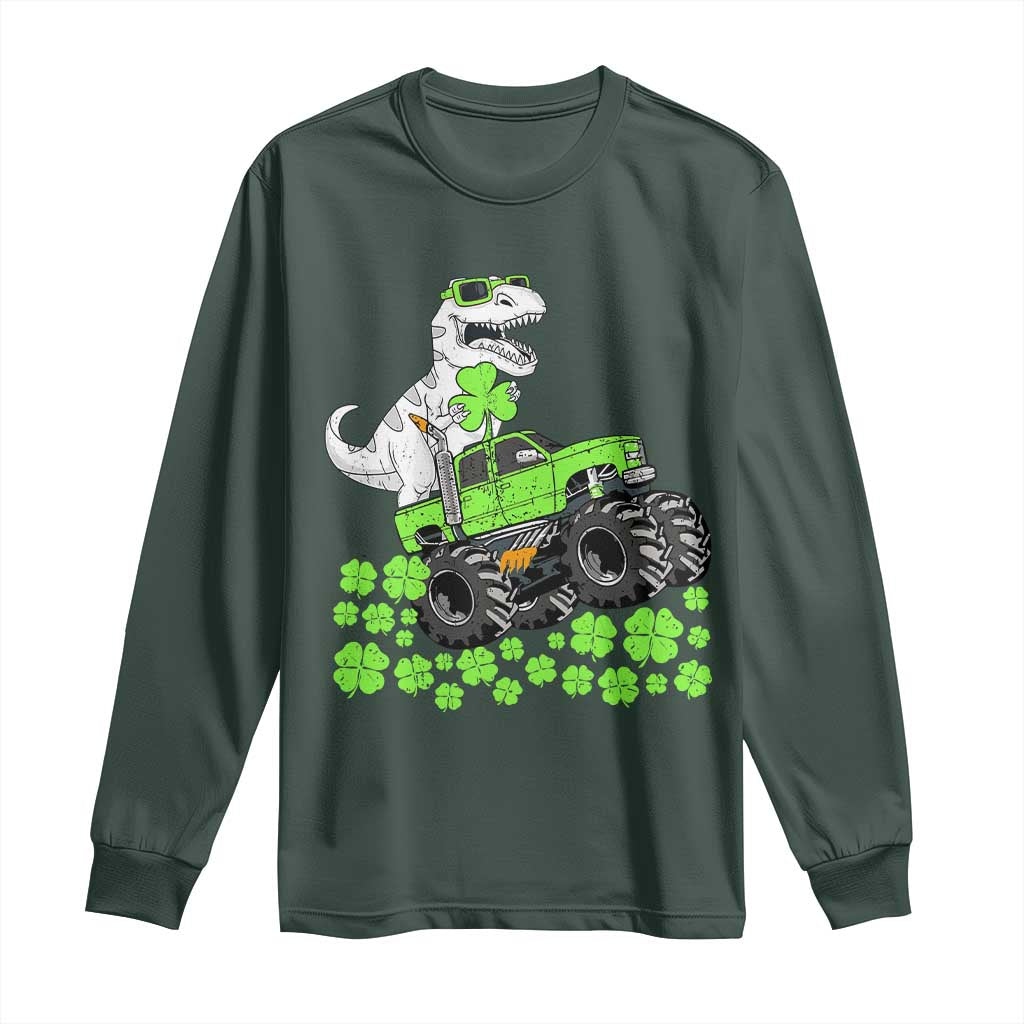 Lucky St Patricks Day Toddler Boys Long Sleeve Shirt T Rex Dino Riding Monster Truck Shamrock