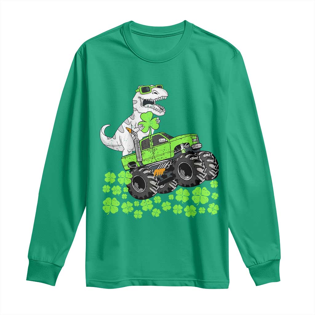 Lucky St Patricks Day Toddler Boys Long Sleeve Shirt T Rex Dino Riding Monster Truck Shamrock