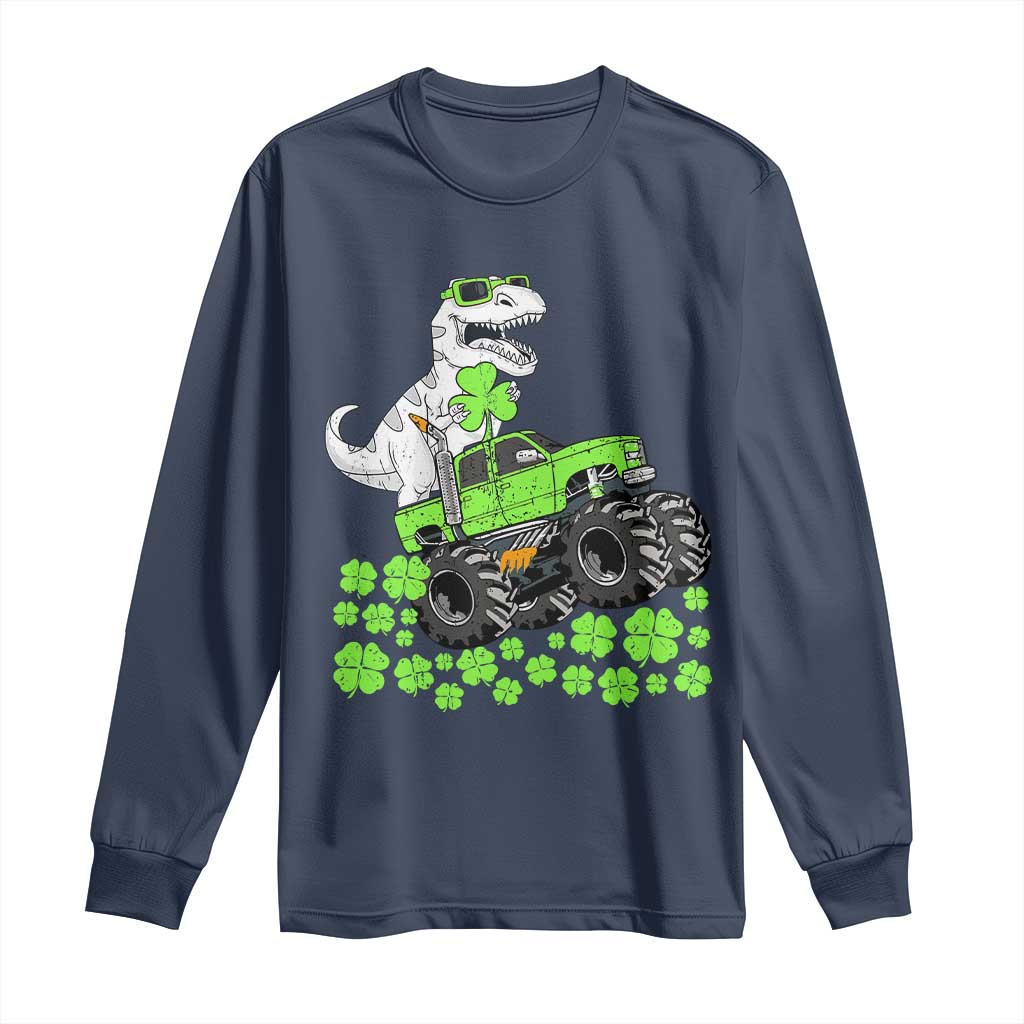 Lucky St Patricks Day Toddler Boys Long Sleeve Shirt T Rex Dino Riding Monster Truck Shamrock