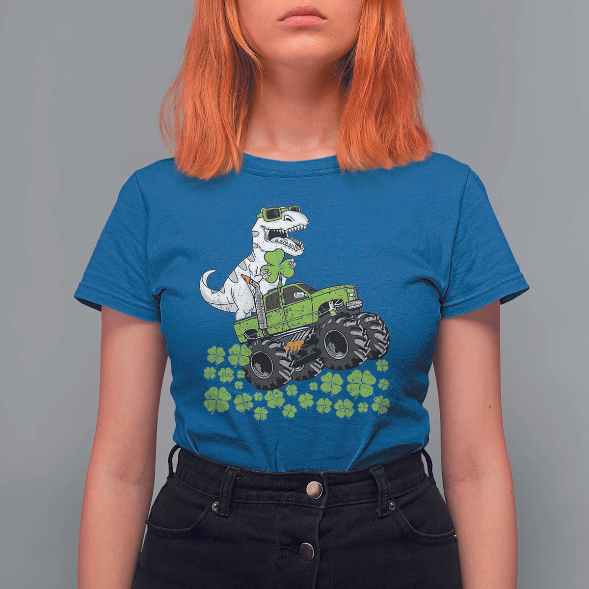 Lucky St Patricks Day Toddler Boys T Shirt For Women T Rex Dino Riding Monster Truck Shamrock