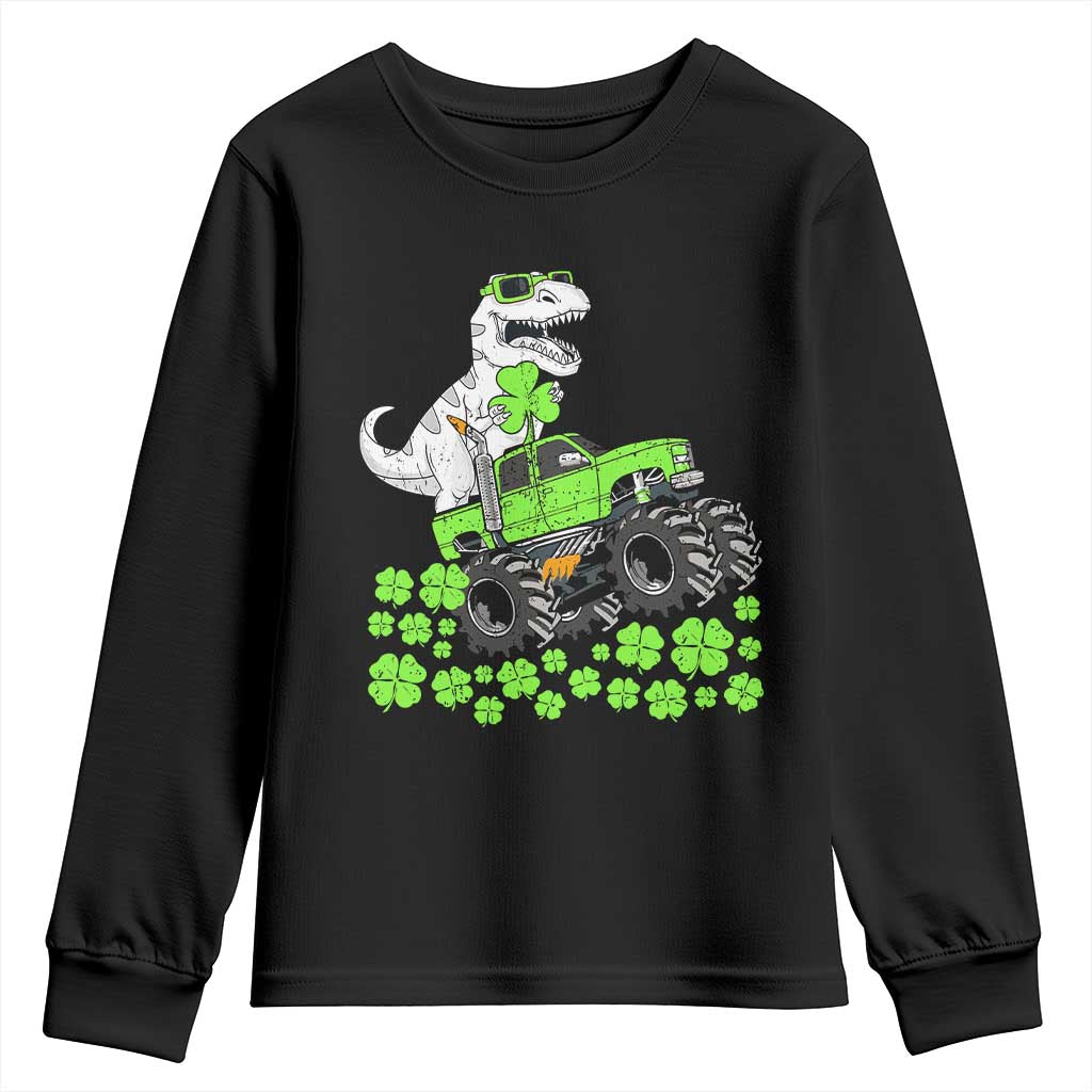 Lucky St Patricks Day Toddler Boys Youth Sweatshirt T Rex Dino Riding Monster Truck Shamrock