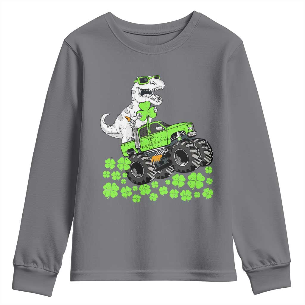 Lucky St Patricks Day Toddler Boys Youth Sweatshirt T Rex Dino Riding Monster Truck Shamrock