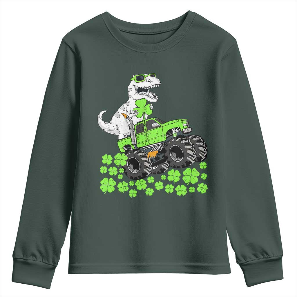 Lucky St Patricks Day Toddler Boys Youth Sweatshirt T Rex Dino Riding Monster Truck Shamrock