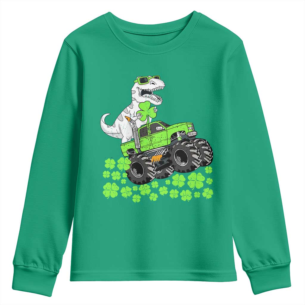 Lucky St Patricks Day Toddler Boys Youth Sweatshirt T Rex Dino Riding Monster Truck Shamrock