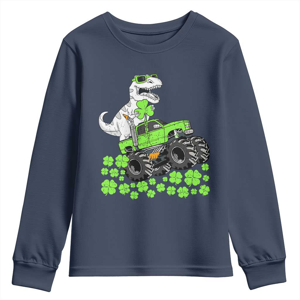Lucky St Patricks Day Toddler Boys Youth Sweatshirt T Rex Dino Riding Monster Truck Shamrock
