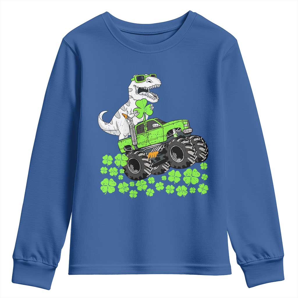 Lucky St Patricks Day Toddler Boys Youth Sweatshirt T Rex Dino Riding Monster Truck Shamrock