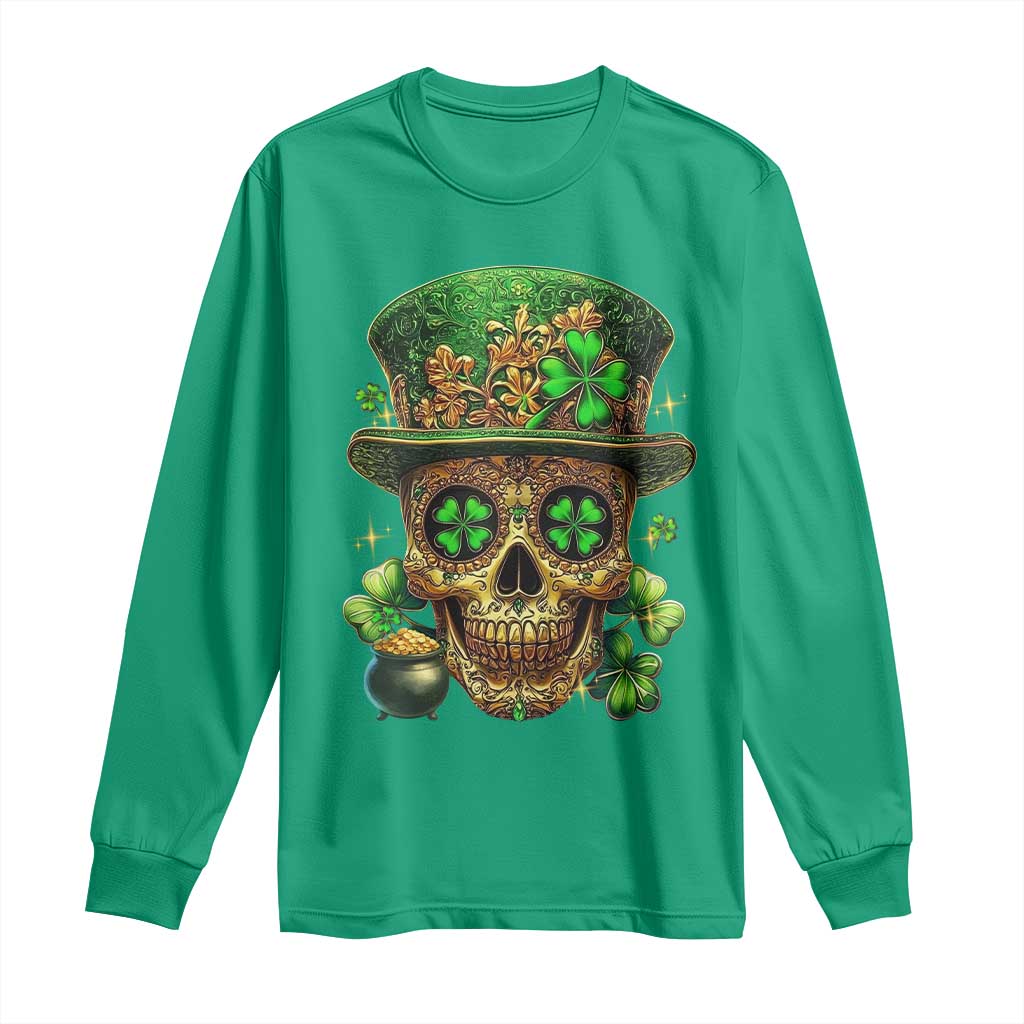 Sugar Skull St Patrick Day Long Sleeve Shirt De Los Muertos Lucky Shamrock