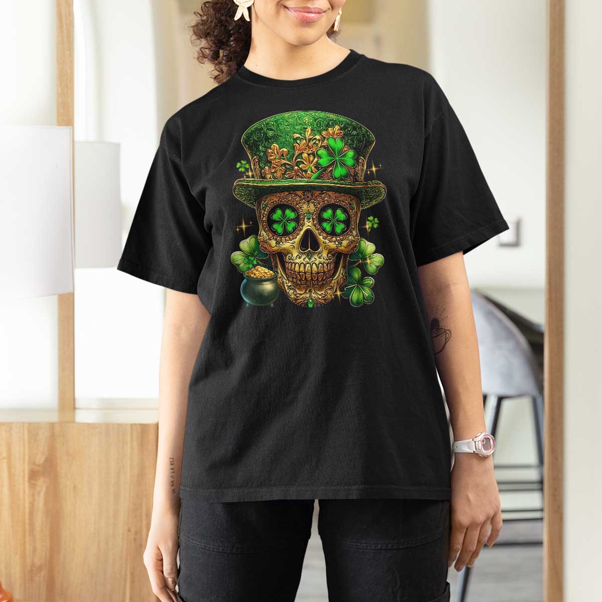 Sugar Skull St Patrick Day T Shirt For Women De Los Muertos Lucky Shamrock