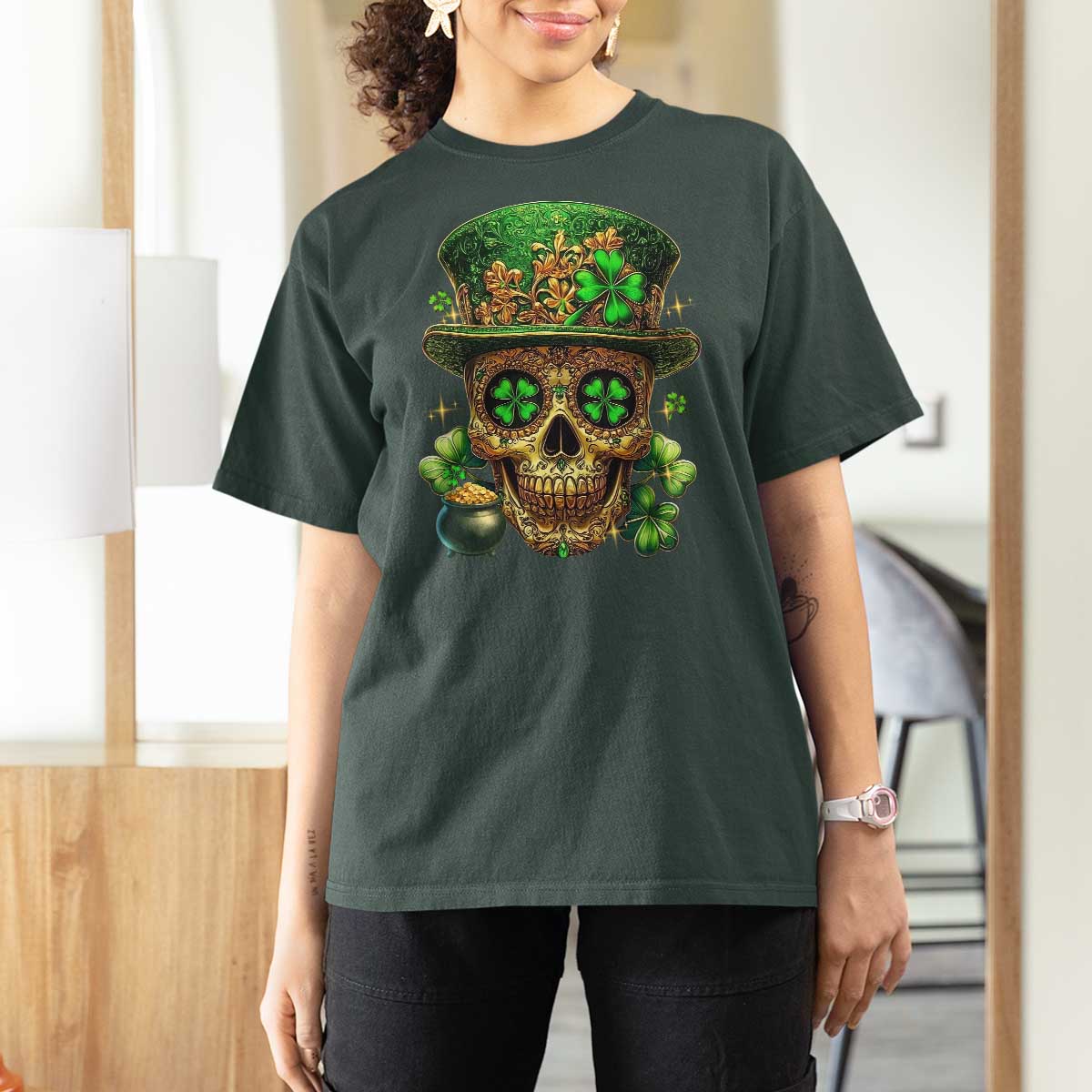 Sugar Skull St Patrick Day T Shirt For Women De Los Muertos Lucky Shamrock