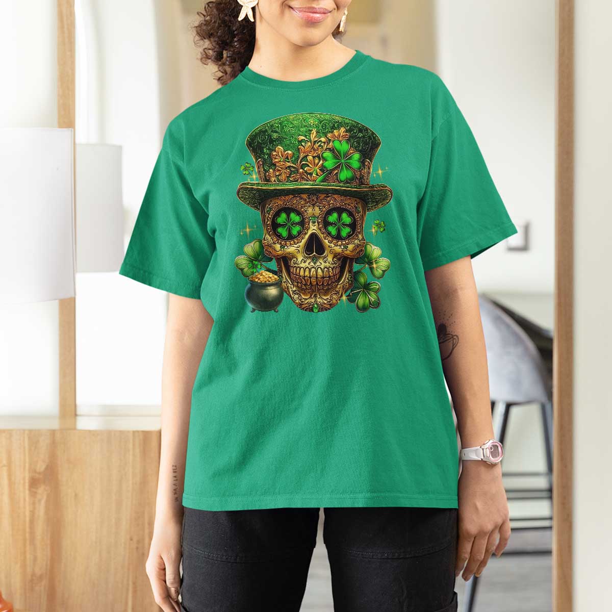 Sugar Skull St Patrick Day T Shirt For Women De Los Muertos Lucky Shamrock