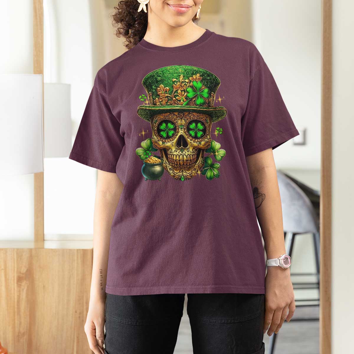 Sugar Skull St Patrick Day T Shirt For Women De Los Muertos Lucky Shamrock