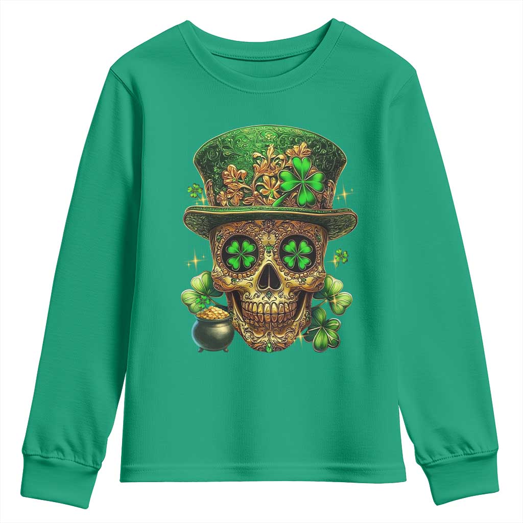 Sugar Skull St Patrick Day Youth Sweatshirt De Los Muertos Lucky Shamrock
