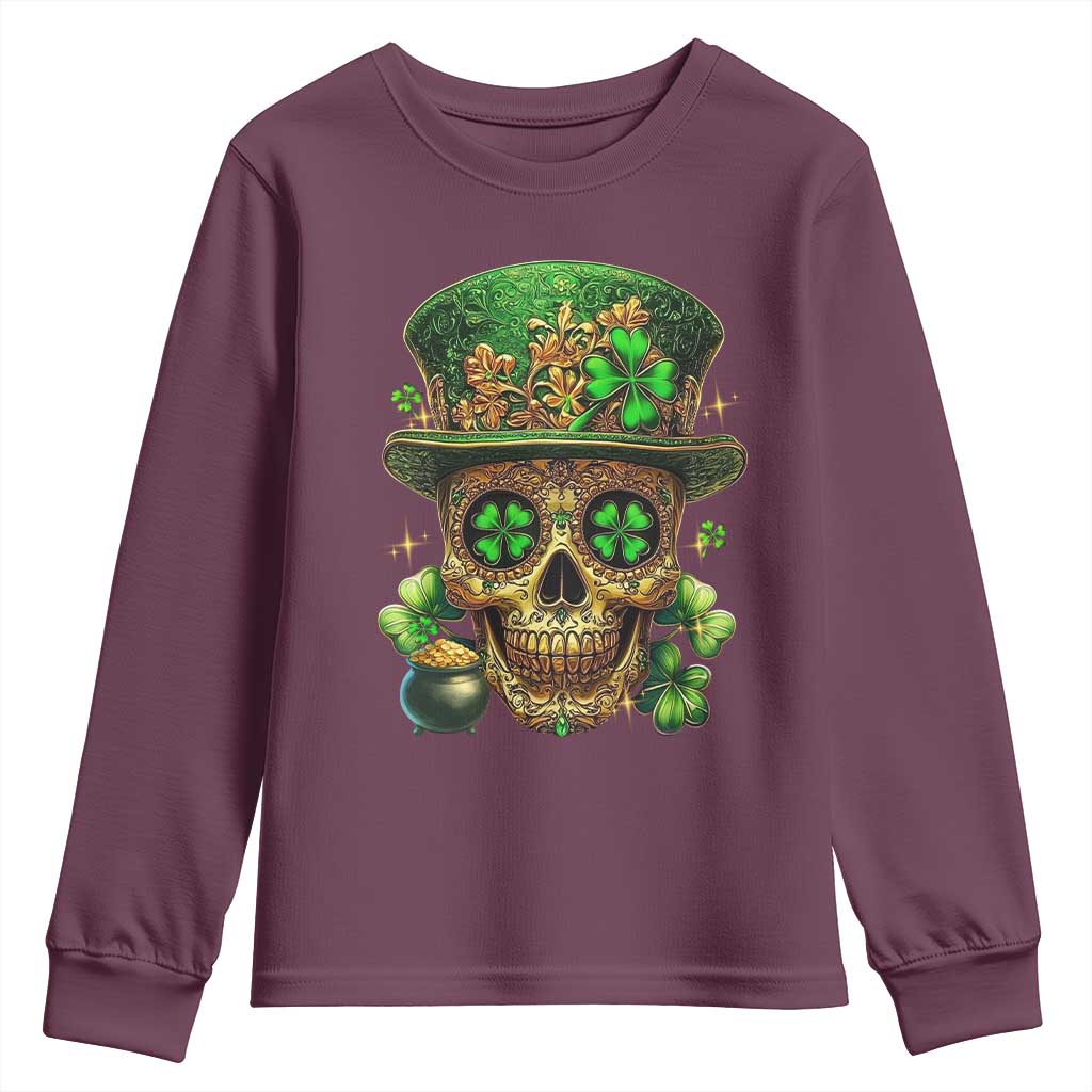 Sugar Skull St Patrick Day Youth Sweatshirt De Los Muertos Lucky Shamrock