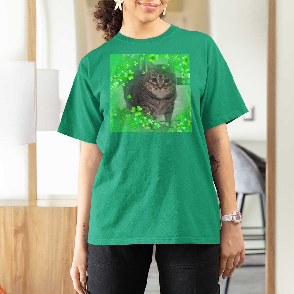 Funny Cat Meme St Patricks Day T Shirt For Women Lucky Shamrock Goofy Ahh Cat